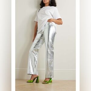 ROTATE BIRGER CHRISTENSEN Silver Croc Embossed Faux Leather Wide-Leg Pants 10